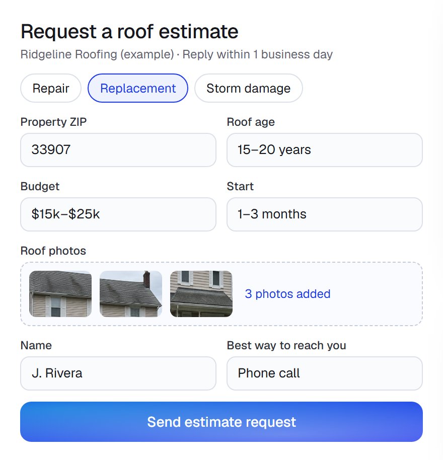 Example roof estimate request form (made-up company): project type, ZIP, roof age, budget, start date, roof photos